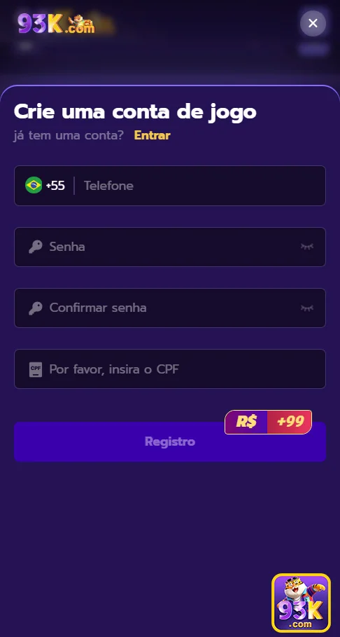 App da 93k mostrando acesso fácil e rápido ao cassino